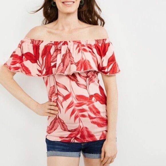 NWT A Pea in the Pod Palm Off Shoulder Floral Maternity Pink Top XS - Picture 1 of 3